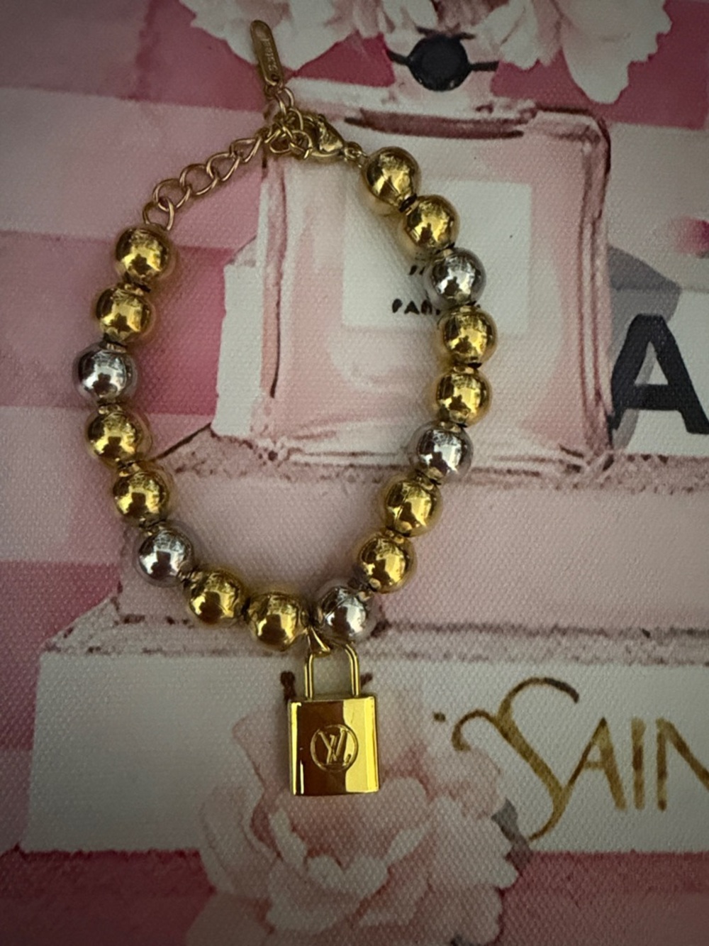 18k stainless steel gold plated Gold and Silver Beaded Padlock Bracelet